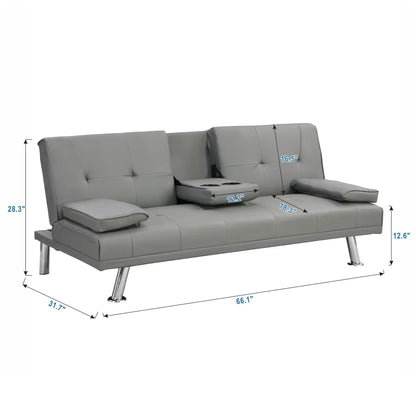 Modern sofa bed futon with armrest 2 cup holders, gray upholstery, wood frame and stainless legs on Tampa Home & Garden Store