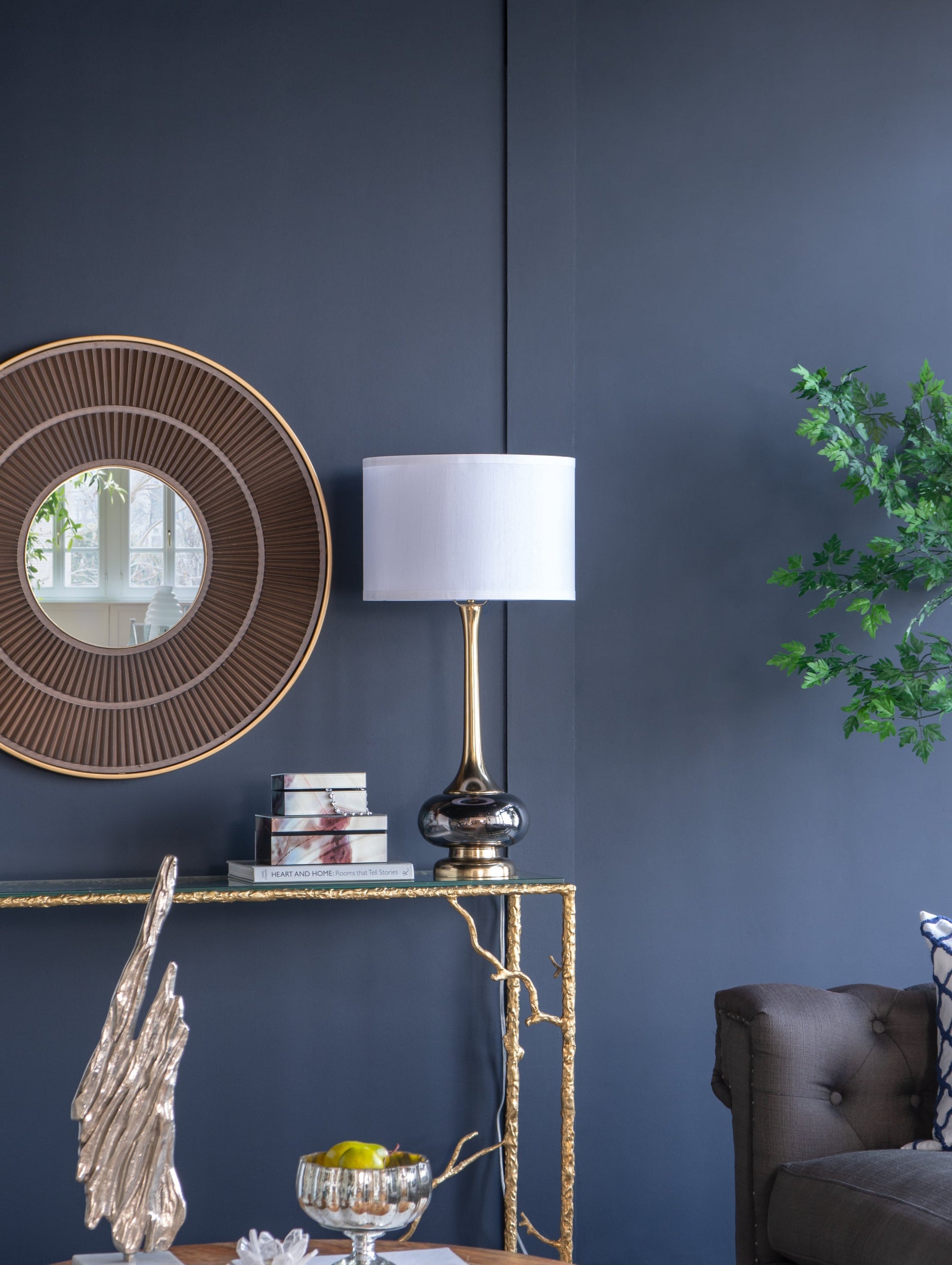 D15x29 Table Lamp with Glass Drum Shade, brass base and white shade, modern lighting accent on Tampa Home & Garden Store