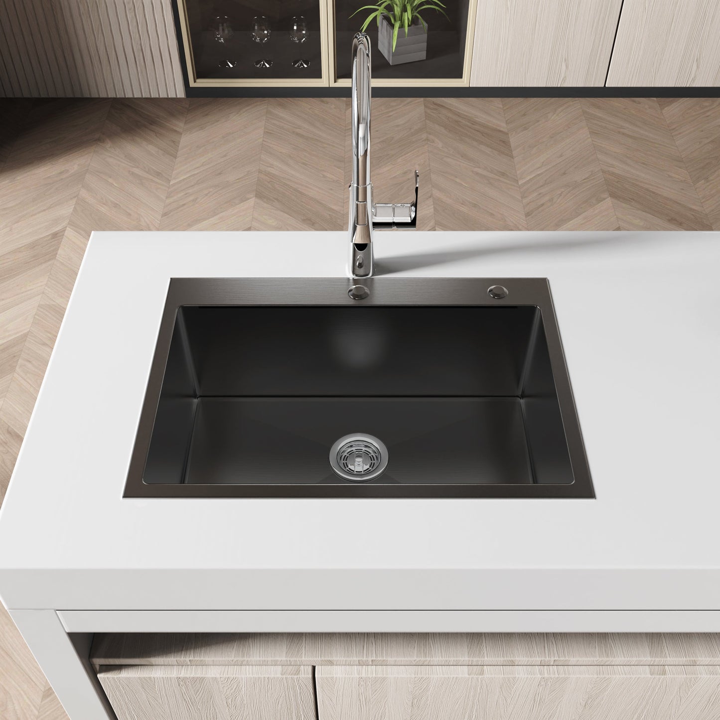 Stainless steel kitchen sink 27x19 in, single bowl handmade overmount with chrome faucet on Tampa Home & Garden Store