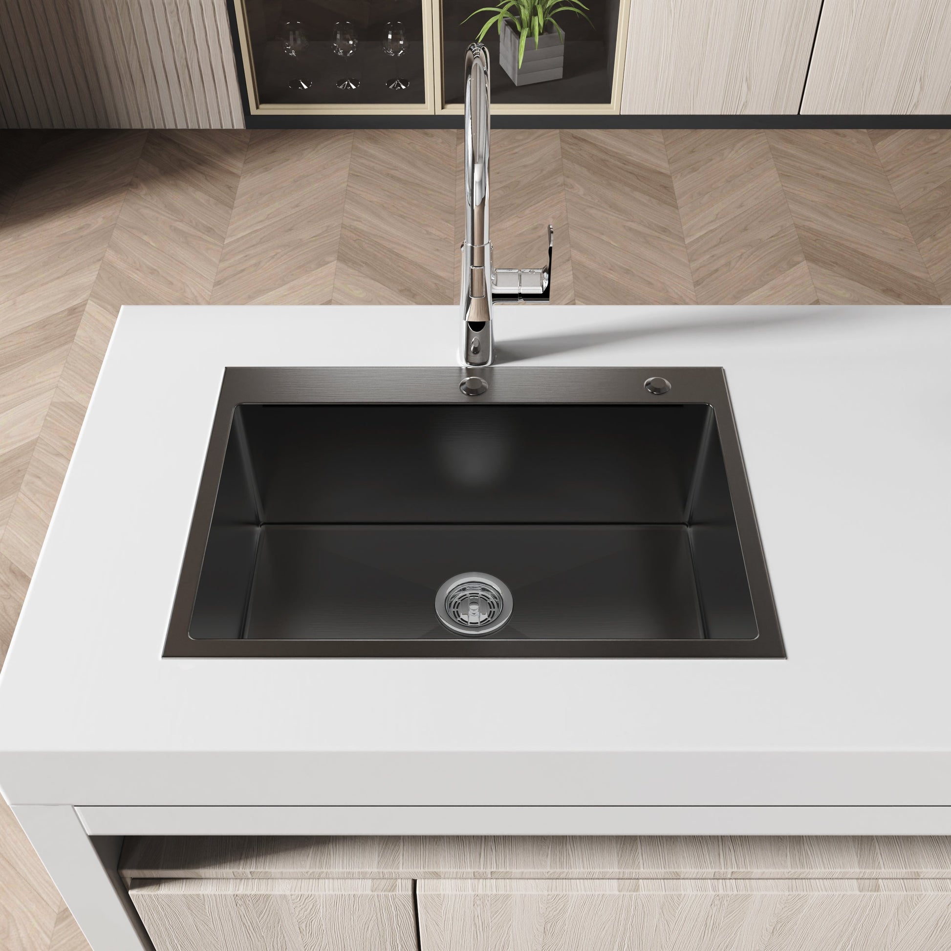Stainless steel kitchen sink 27x19 in, single bowl handmade overmount with chrome faucet on Tampa Home & Garden Store