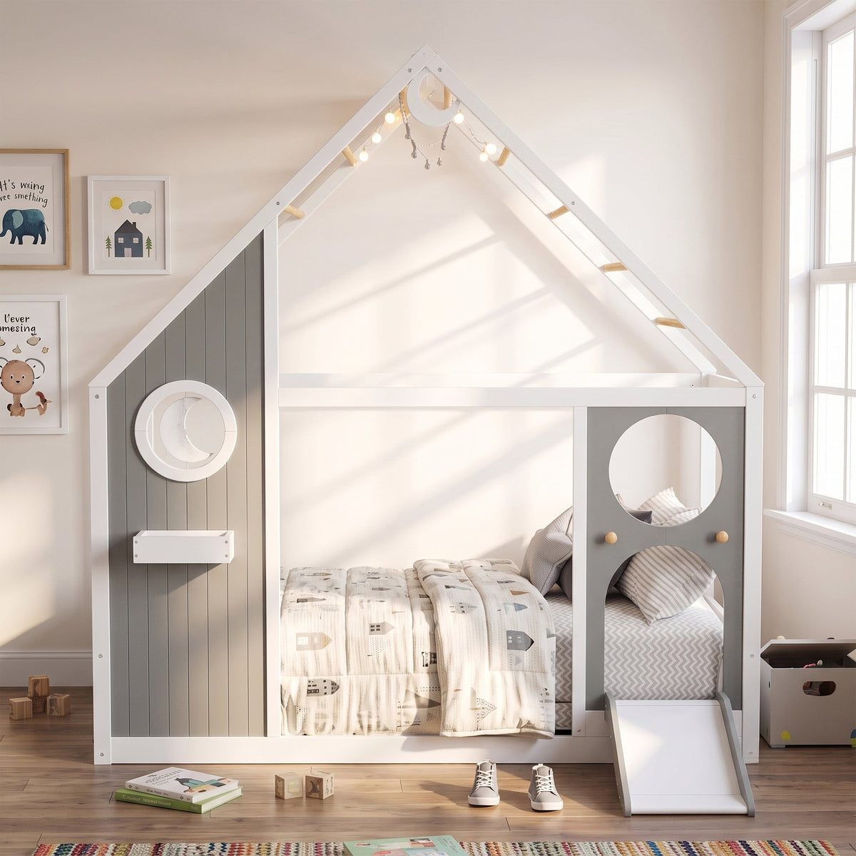 Twin House Bed with Slide and Ball Light Strip gray/white frame by HouseOfZazla on Tampa Home & Garden Store
