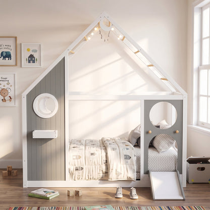 Twin House Bed with Slide and Ball Light Strip gray/white frame by HouseOfZazla on Tampa Home & Garden Store