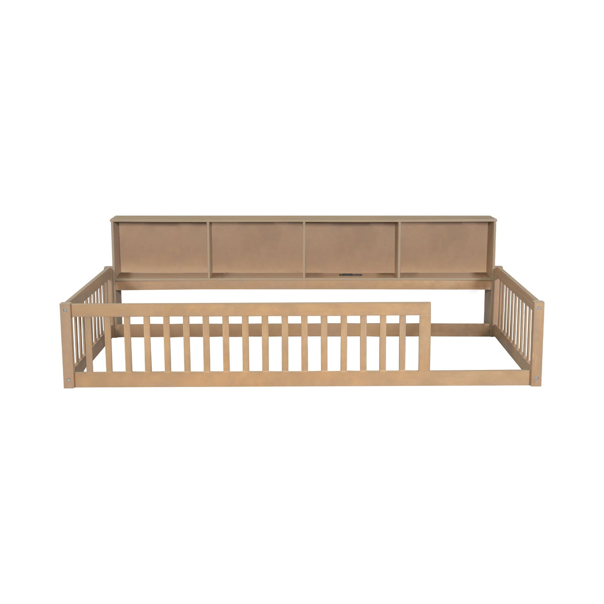 Floor bed with storage cabinets and USB ports in natural wood finish, headboard storage on Tampa Home & Garden Store