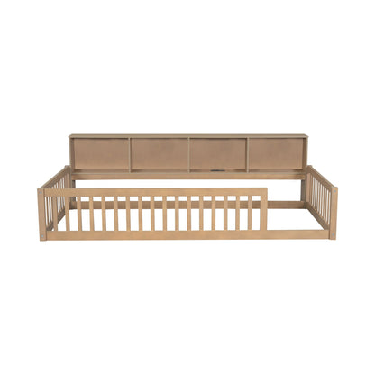 Floor bed with storage cabinets and USB ports in natural wood finish, headboard storage on Tampa Home & Garden Store