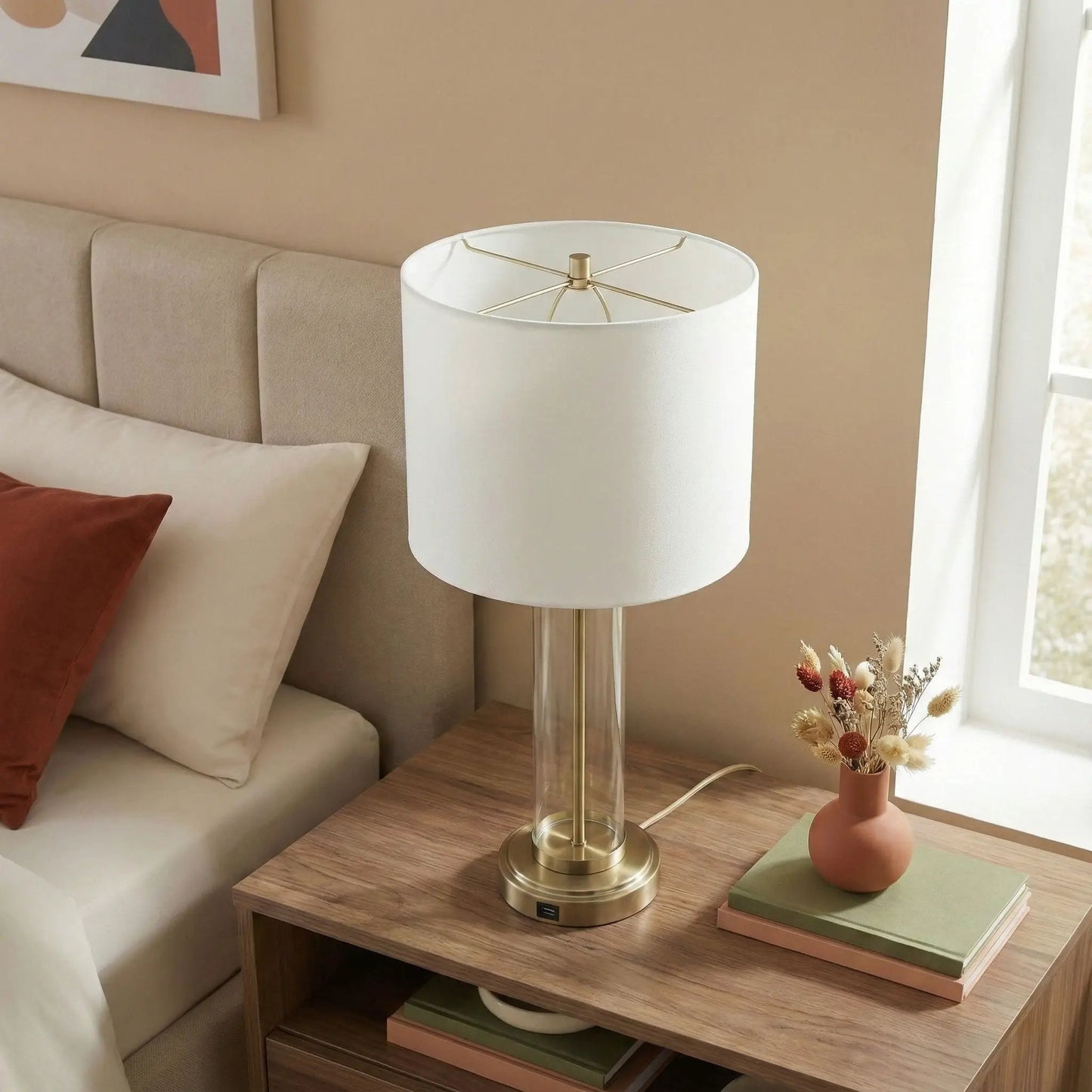 Luna table lamp with on/off switch, clear glass body, white shade on Tampa Home & Garden Store