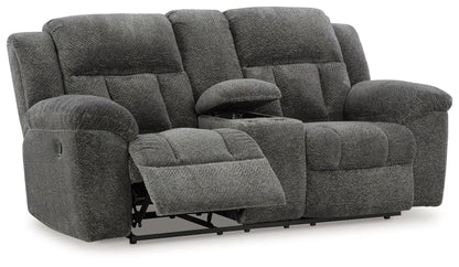 Frohn double reclining loveseat with console in textured dark gray fabric on Tampa Home & Garden Store