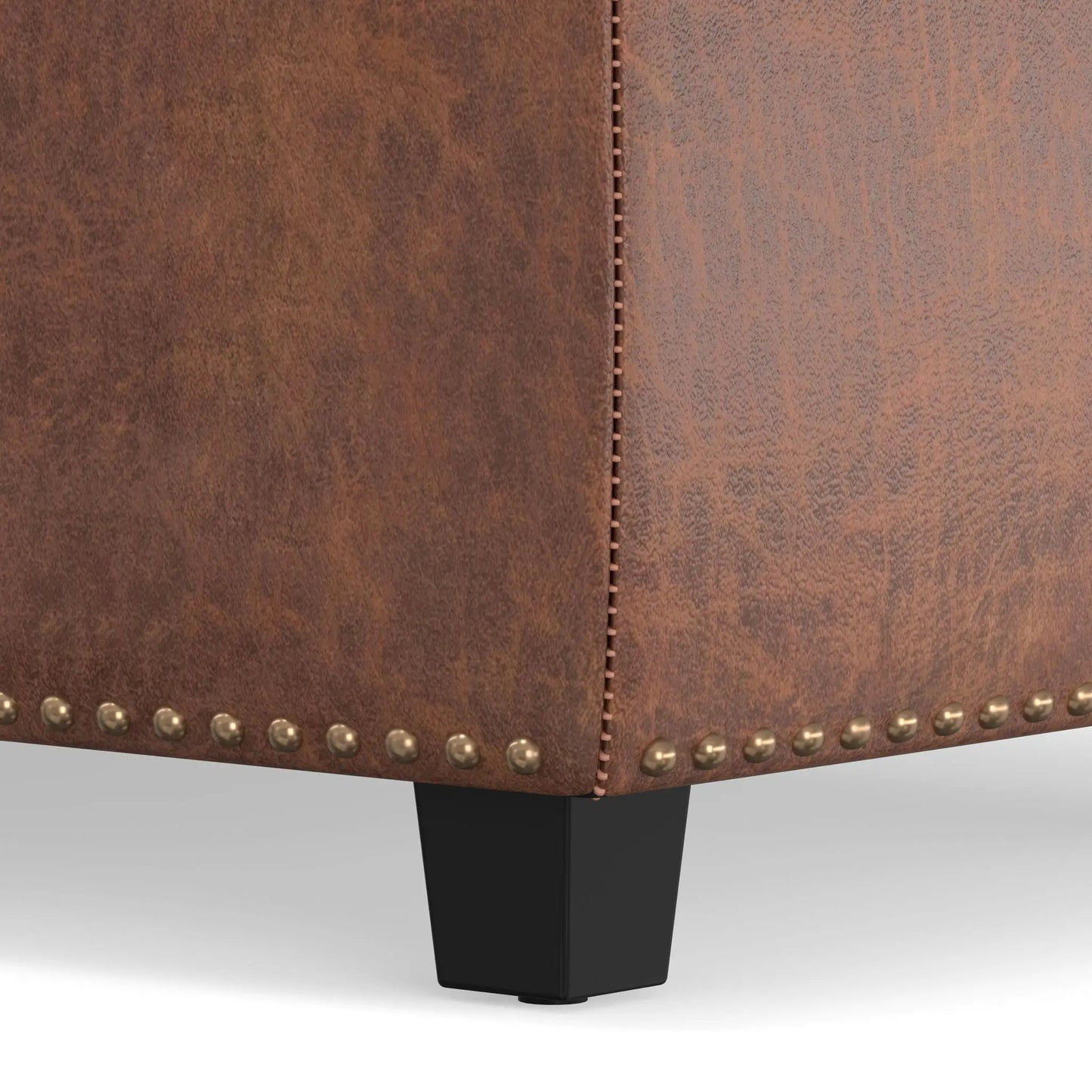 Hamilton Upholstered Storage Ottoman brown leather with nailhead trim and black leg on Tampa Home & Garden Store