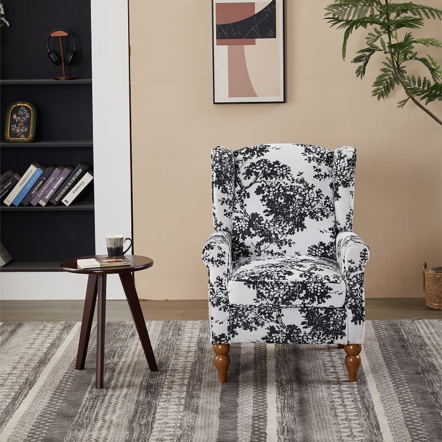 Coffee Table & Armchair Set black-and-white floral upholstery with round dark wood coffee table on Tampa Home & Garden Store