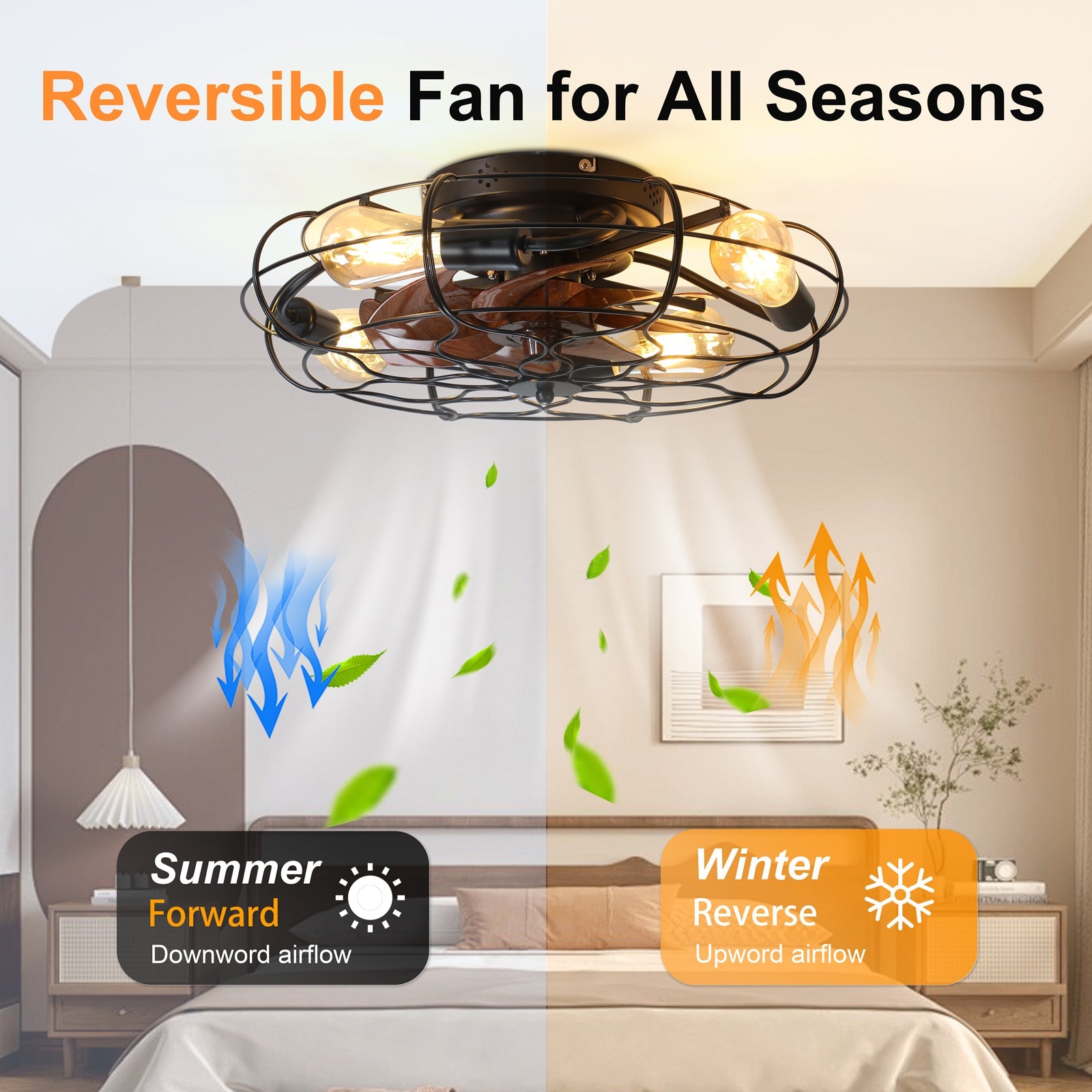 19.7in Industrial Caged Ceiling Fan with Light, black metal cage, wood blades, HouseOfZazla on Tampa Home & Garden Store