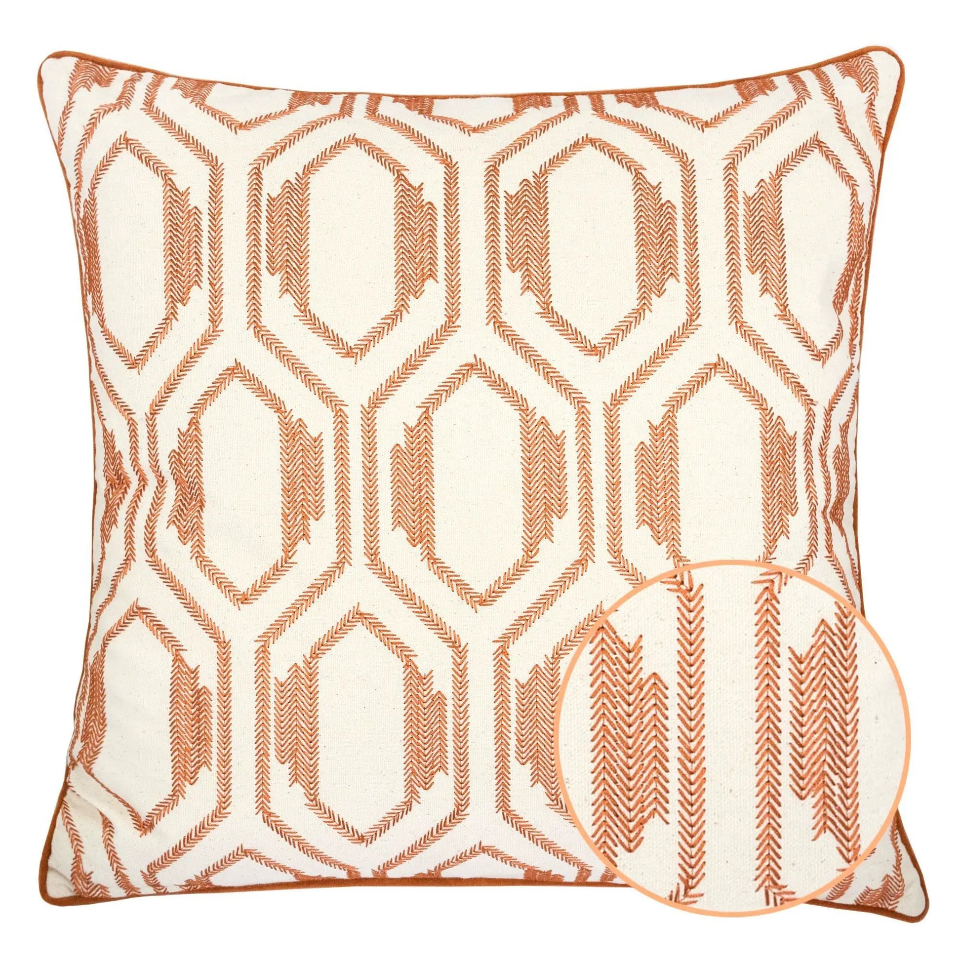 Throw Pillow Geometric Embroidered Rust on cream fabric with rust piping Unique Piece Furniture on Tampa Home & Garden Store
