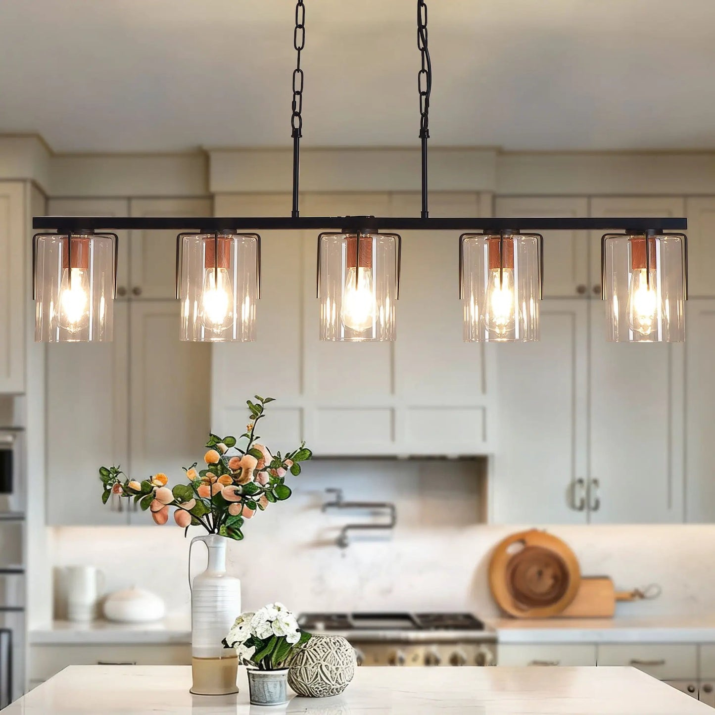 Adjustable Pendant Lighting with Wood Grain
