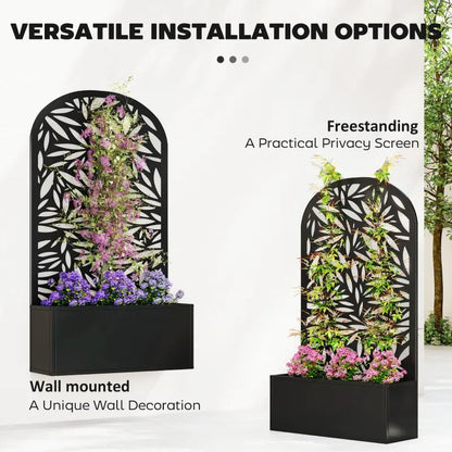 Curved raised garden bed planter by HouseOfZazla, black metal trellis with blooms, two planters on Tampa Home & Garden Store
