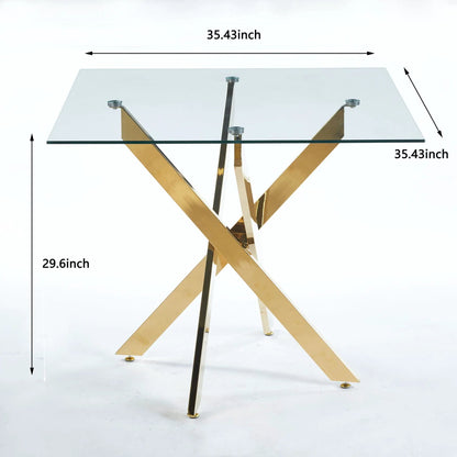Dining table square tempered-glass top with gold cross-metal legs by Unique Piece Furniture on Tampa Home & Garden Store