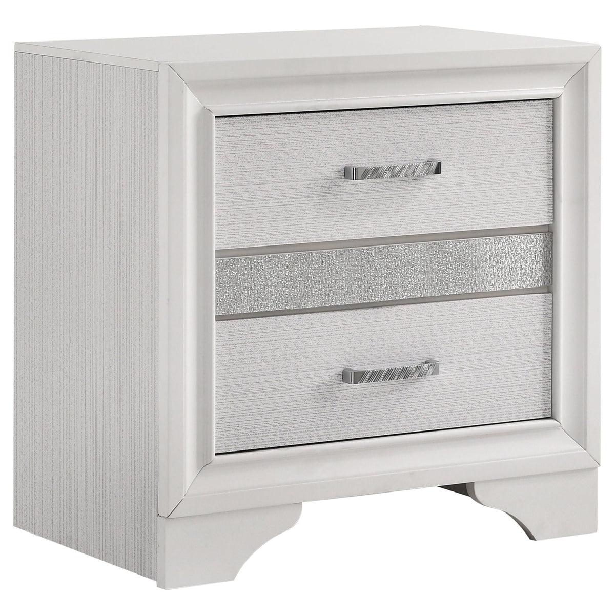 Annie 4 Piece Bedroom Set dresser with silver textured drawer fronts and chrome pulls on Tampa Home & Garden Store