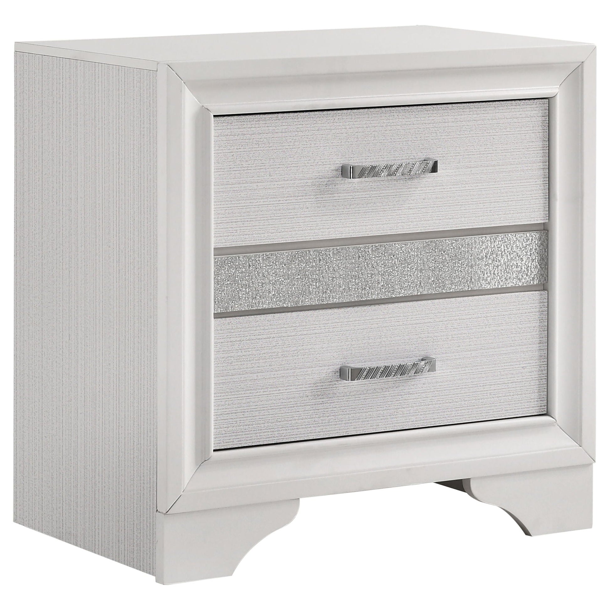 Annie 4 Piece Bedroom Set dresser with silver textured drawer fronts and chrome pulls on Tampa Home & Garden Store