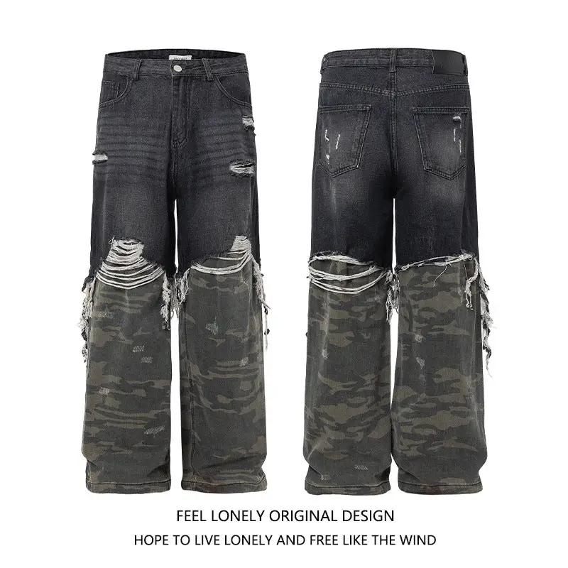Men's FLIPSTYLEZLLC camouflage distressed wide-leg jeans, front/back, ripped with camo panels on Tampa Home & Garden Store