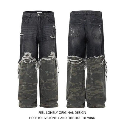 Men's FLIPSTYLEZLLC camouflage distressed wide-leg jeans, front/back, ripped with camo panels on Tampa Home & Garden Store