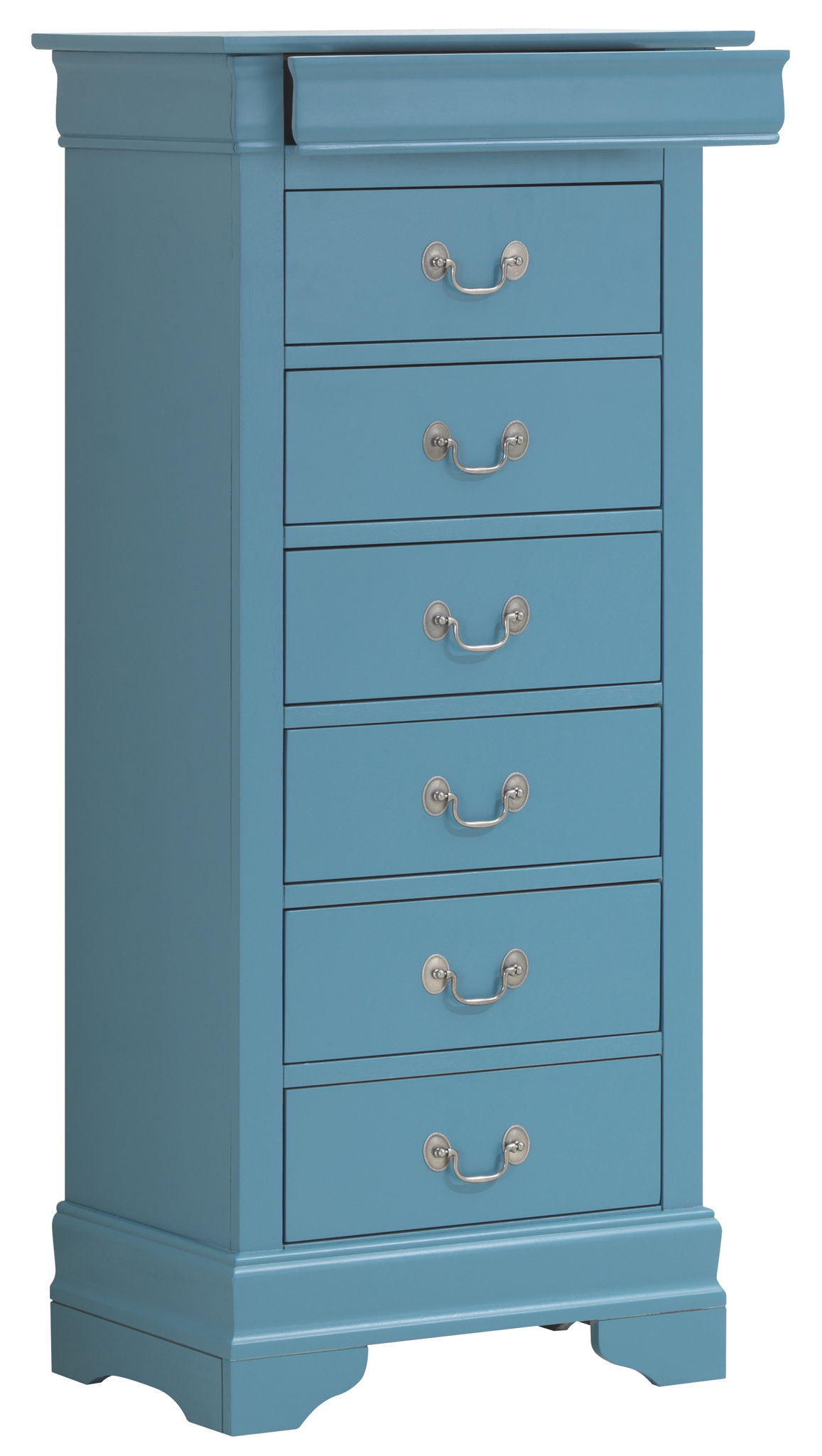 Traditional style lingerie chest in teal blue with English dovetail drawers and silver drawer handles on Tampa Home & Garden Store