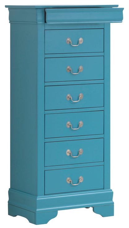 Traditional style lingerie chest in teal blue with English dovetail drawers and silver drawer handles on Tampa Home & Garden Store