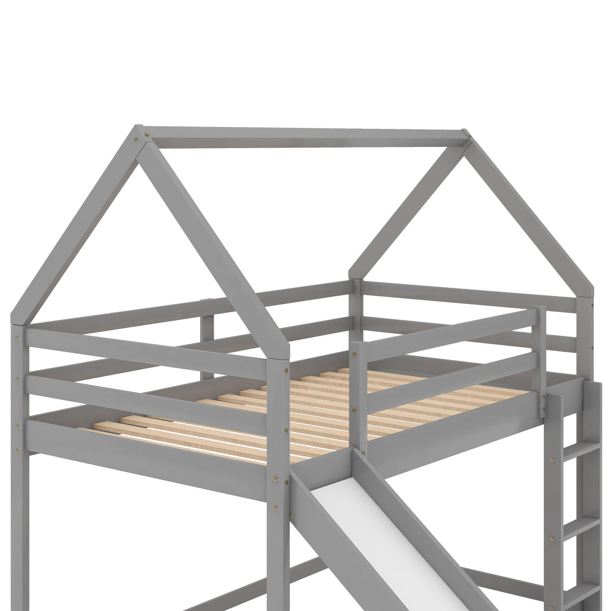 House Shape Bunk Bed With Slide And Ladder, gray frame, slatted bed bases on Tampa Home & Garden Store