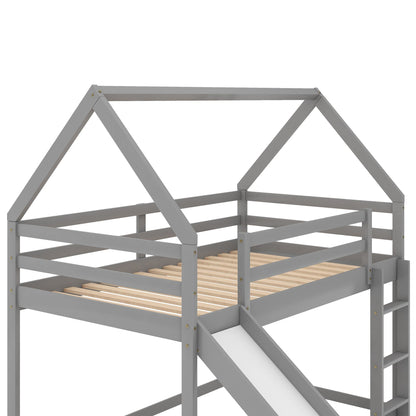 House Shape Bunk Bed With Slide And Ladder, gray frame, slatted bed bases on Tampa Home & Garden Store