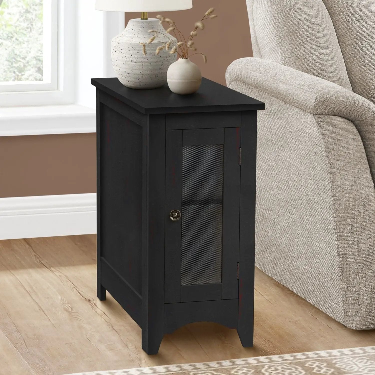Accent end table in black with mesh-panel door by Unique Piece Furniture on Tampa Home & Garden Store