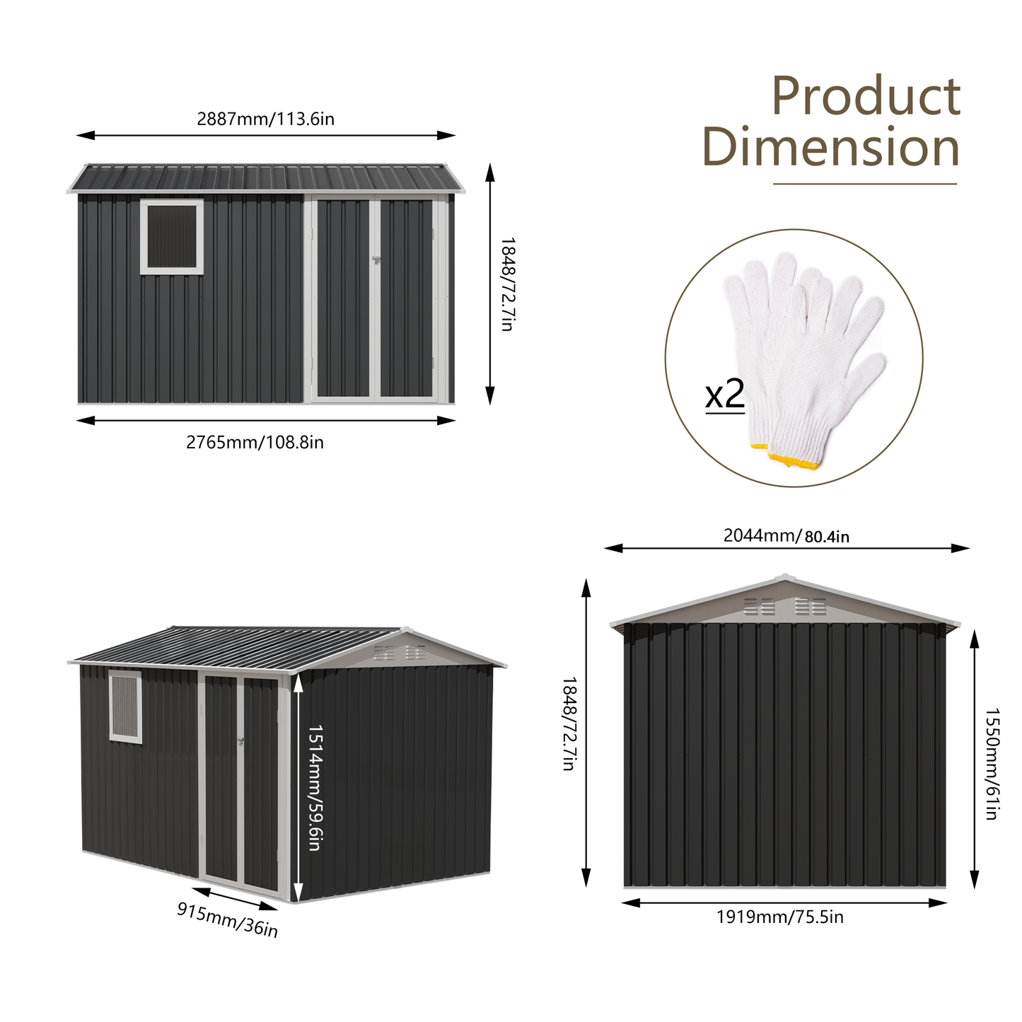 9x6 ft metal garden shed by HouseOfZazla with gray siding, window and double doors on Tampa Home & Garden Store