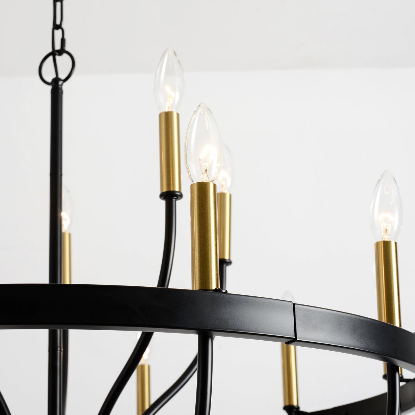 15-Light Industrial Iron Candle Chandelier with black frame, brass candle sleeves, clear bulbs on Tampa Home & Garden Store