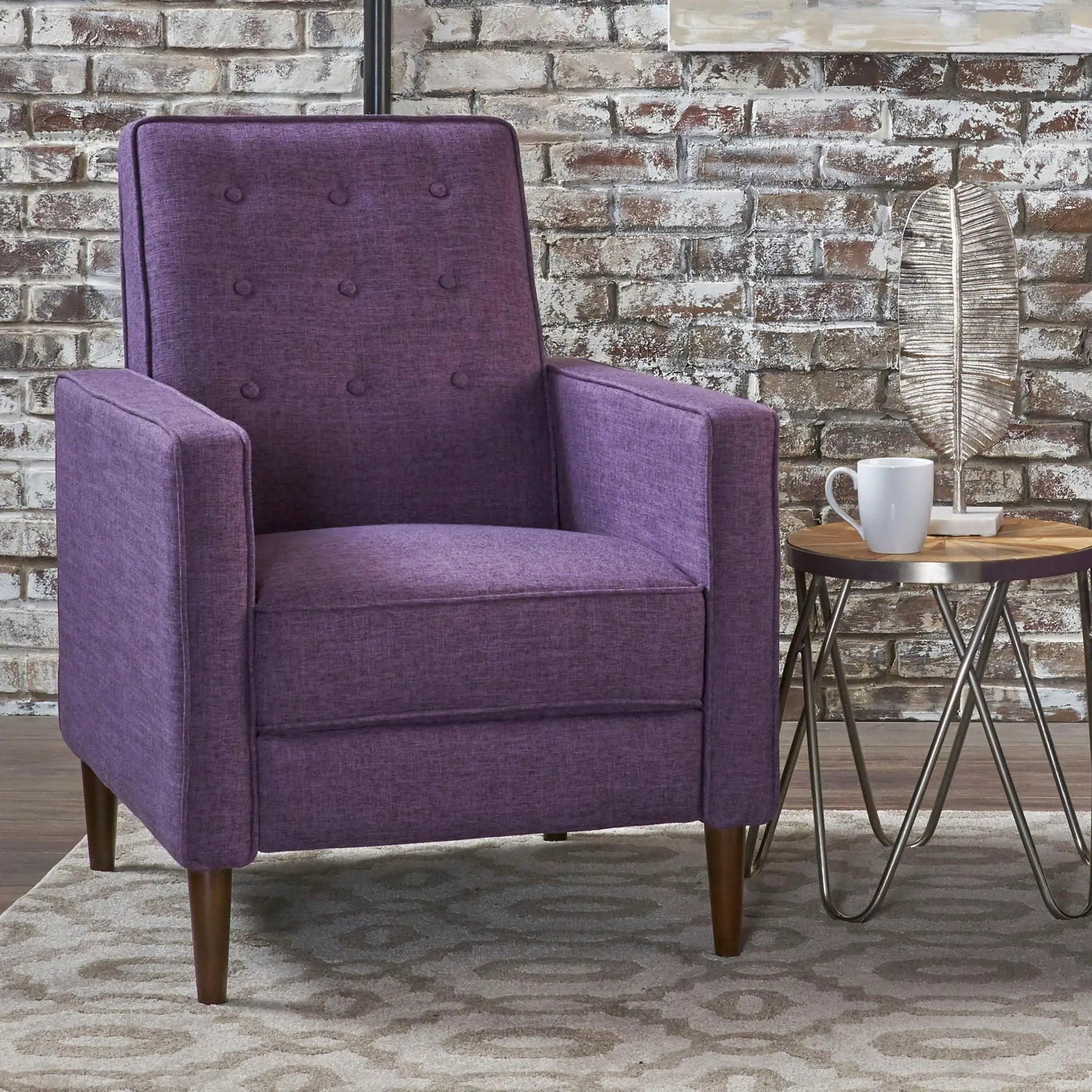 Mid-Century Modern Recliner in purple upholstery with button tufting on Tampa Home & Garden Store