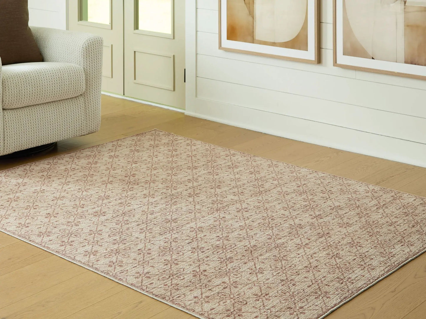 Lyamford area rug in pink-beige with a subtle lattice diamond pattern on Tampa Home & Garden Store