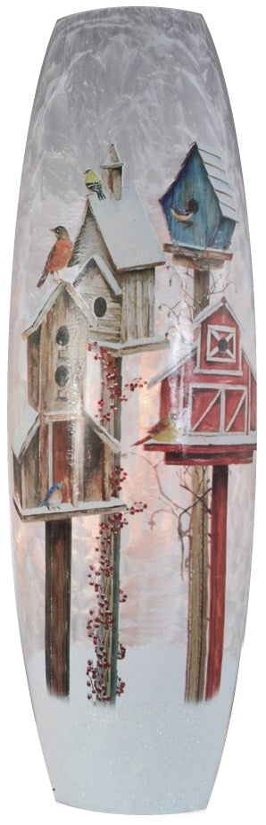 Giant Lighted Jar glass lamp with snowy birdhouse village on posts, warm glow on Tampa Home & Garden Store