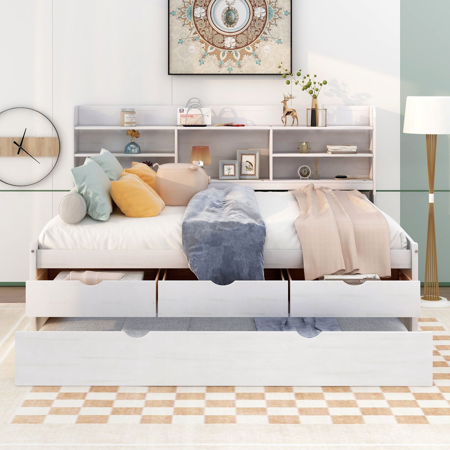 Captain Bed with built-in bookshelves, 3 storage drawers and trundle white wood HouseOfZazla on Tampa Home & Garden Store