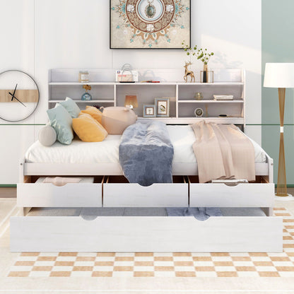 Captain Bed with built-in bookshelves, 3 storage drawers and trundle white wood HouseOfZazla on Tampa Home & Garden Store