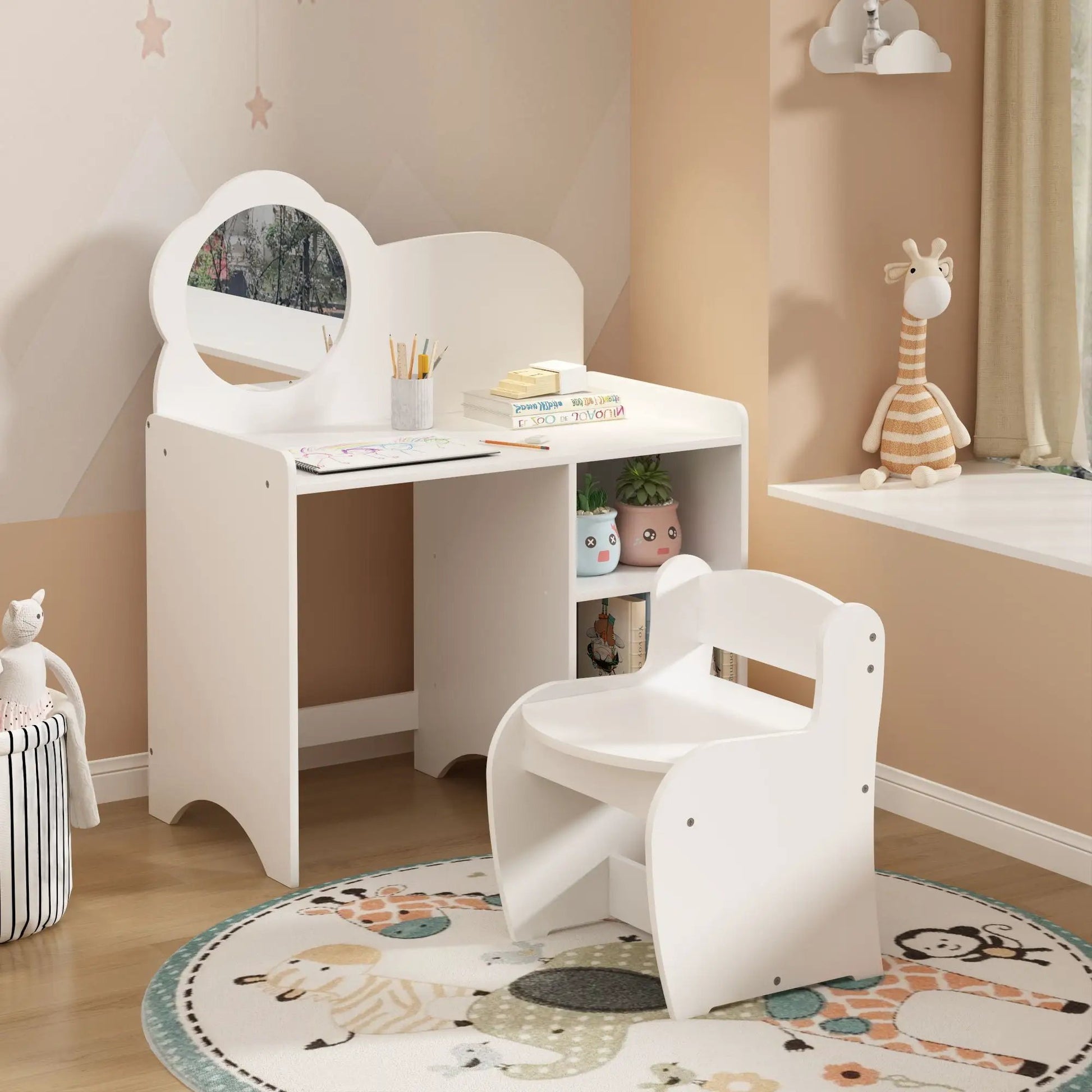 White kids vanity table with cloud-shaped mirror, matching chair and storage shelves on Tampa Home & Garden Store