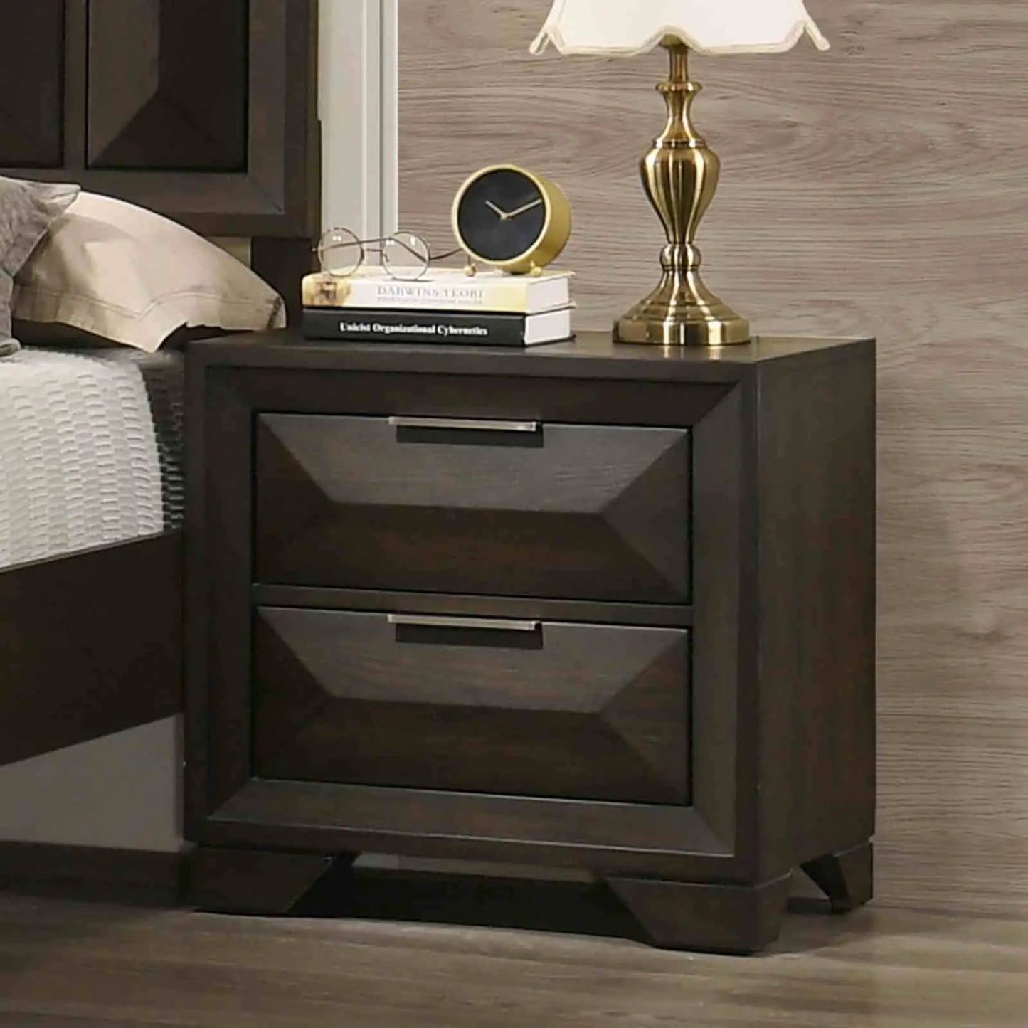 Dark wood nightstand with faceted drawer fronts and brass hardware on Tampa Home & Garden Store