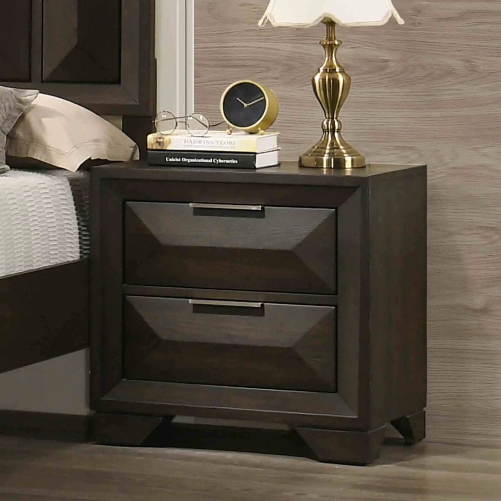 Dark wood nightstand with faceted drawer fronts and brass hardware on Tampa Home & Garden Store