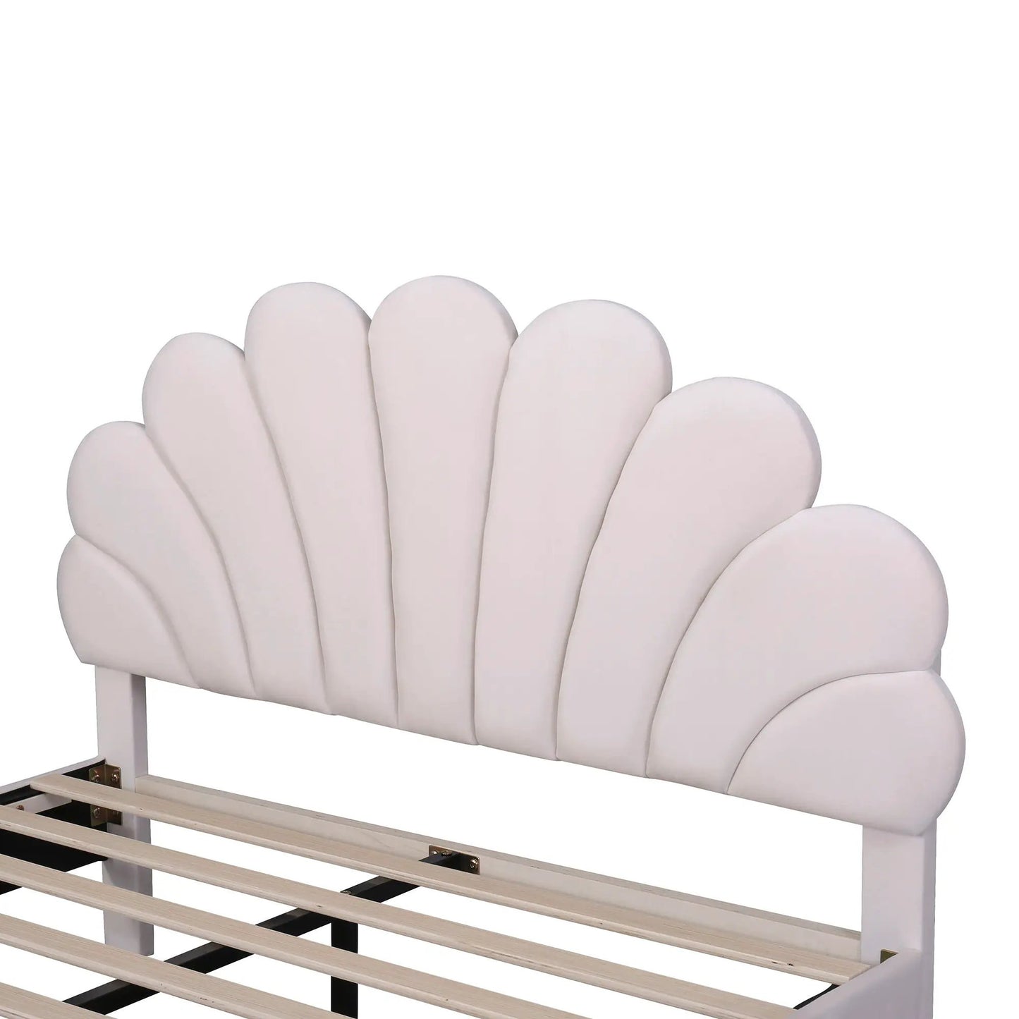 Upholstered platform bed with cream flower-petal headboard and slatted wooden base on Tampa Home & Garden Store