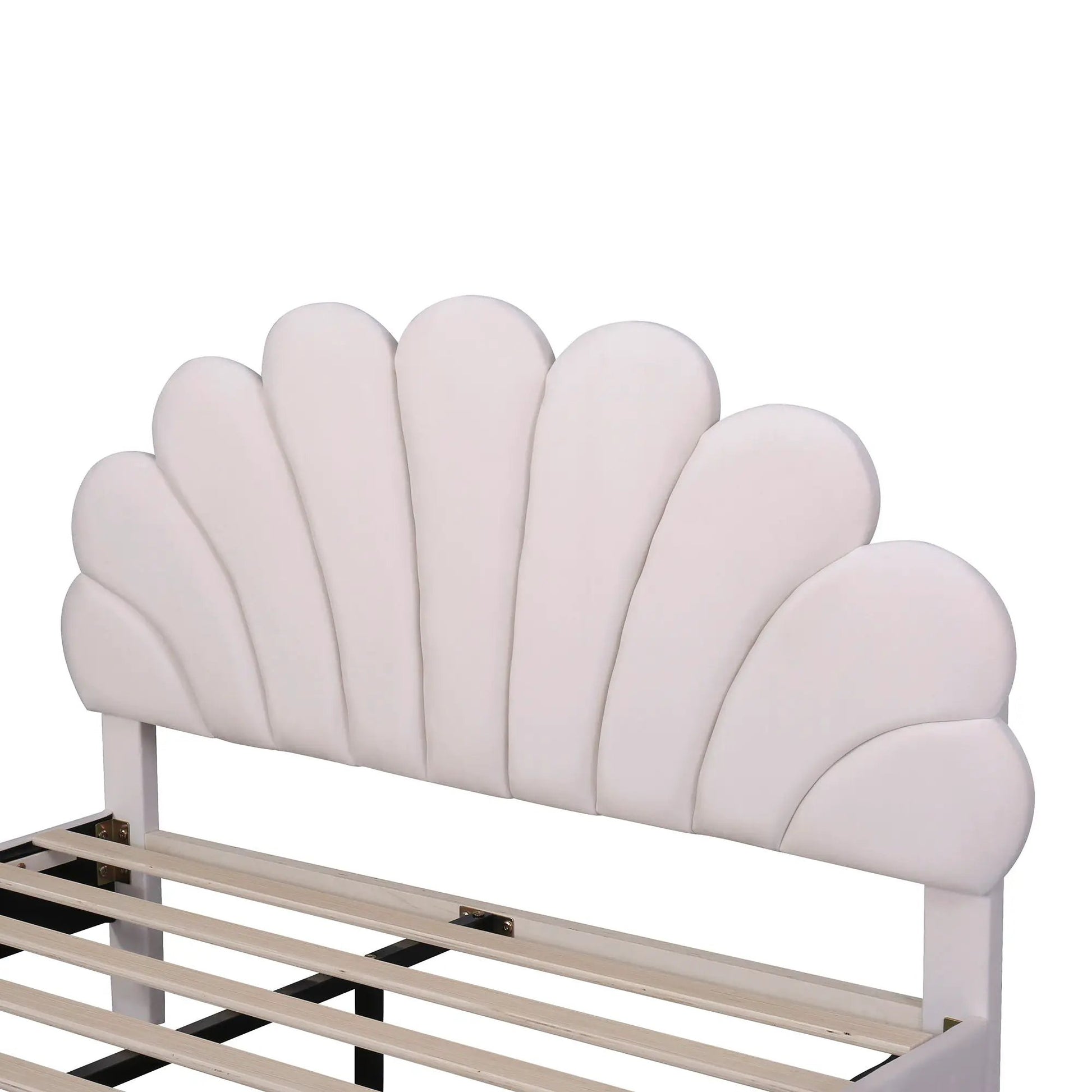 Upholstered platform bed with cream flower-petal headboard and slatted wooden base on Tampa Home & Garden Store