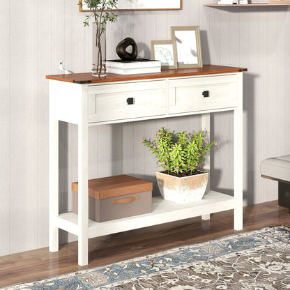 Farmhouse Console Table With 2 Drawers and Shelf