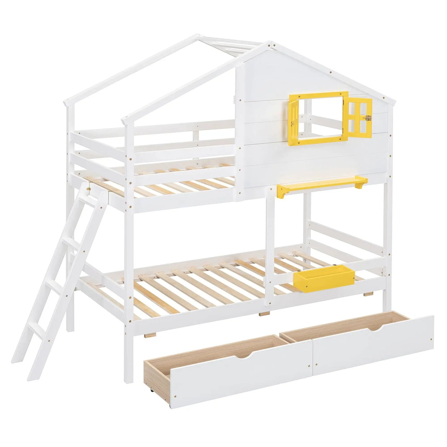 Bunk Bed With Playhouse Roof And Window white ladder with yellow framed window and drawers on Tampa Home & Garden Store