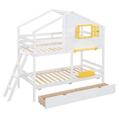 Bunk Bed With Playhouse Roof And Window white ladder with yellow framed window and drawers on Tampa Home & Garden Store