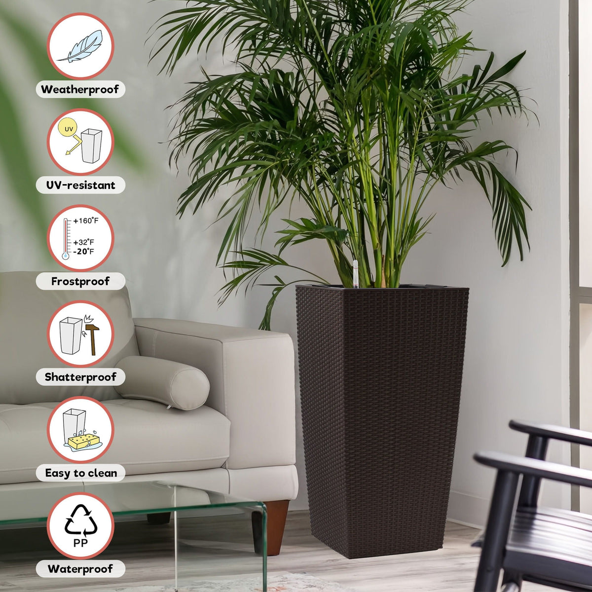 Indoor Outdoor Planter With Automatic Watering System in a brown wicker planter on Tampa Home & Garden Store