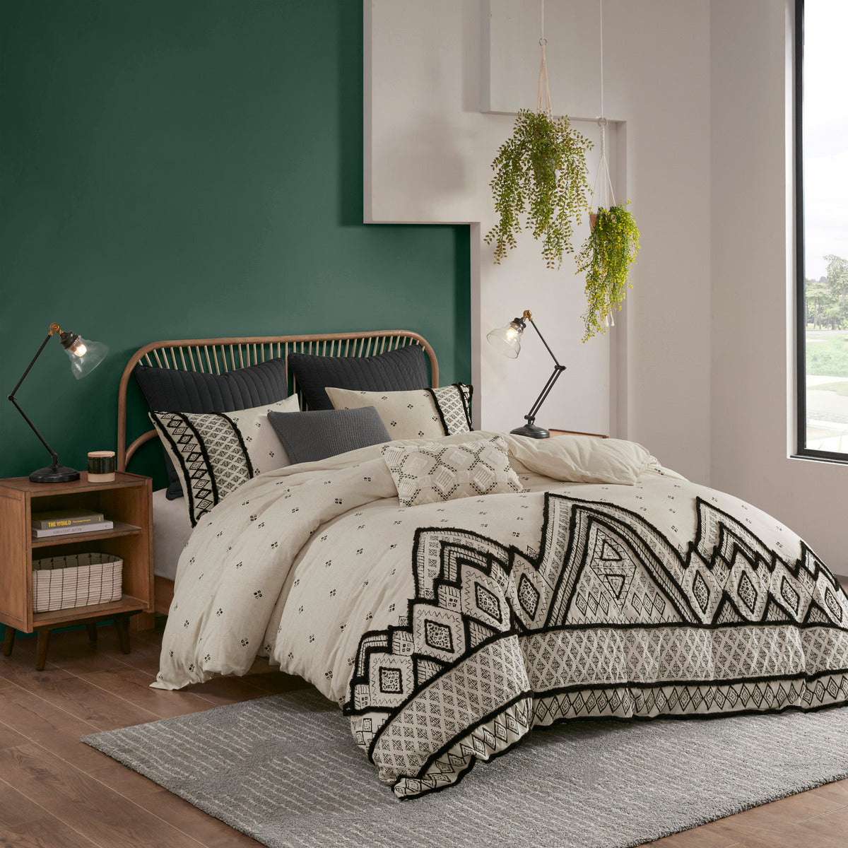 Full/Queen 3 Piece Flax-Cotton Blended Duvet Cover Set by HouseOfZazla with black boho print on Tampa Home & Garden Store
