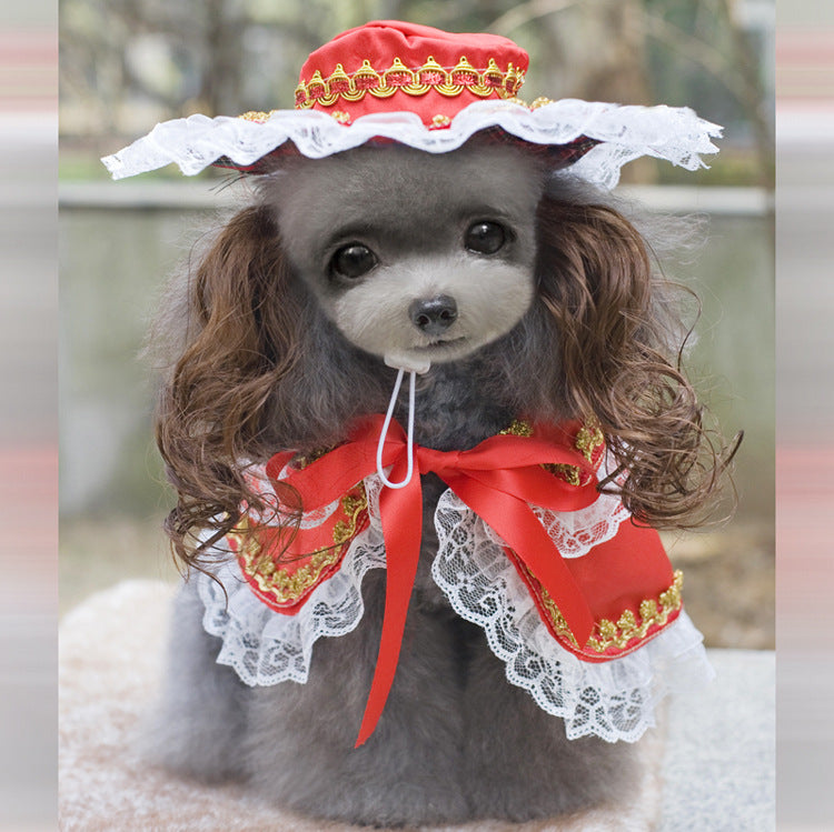 Pet Zen Christmas dog costume: red hat with lace, red cape with gold trim and lace on Tampa Home & Garden Store
