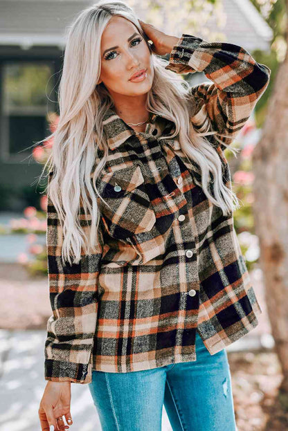 Classic plaid button-front shirt jacket with breast pockets in brown tones outerwear on Tampa Home & Garden Store