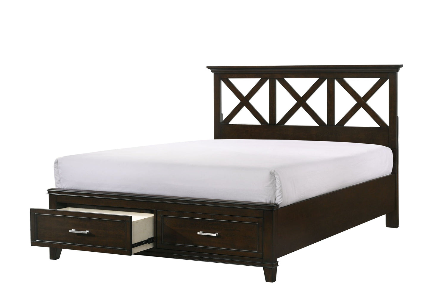 Ample Storage Bed with X Headboard and Wood Base