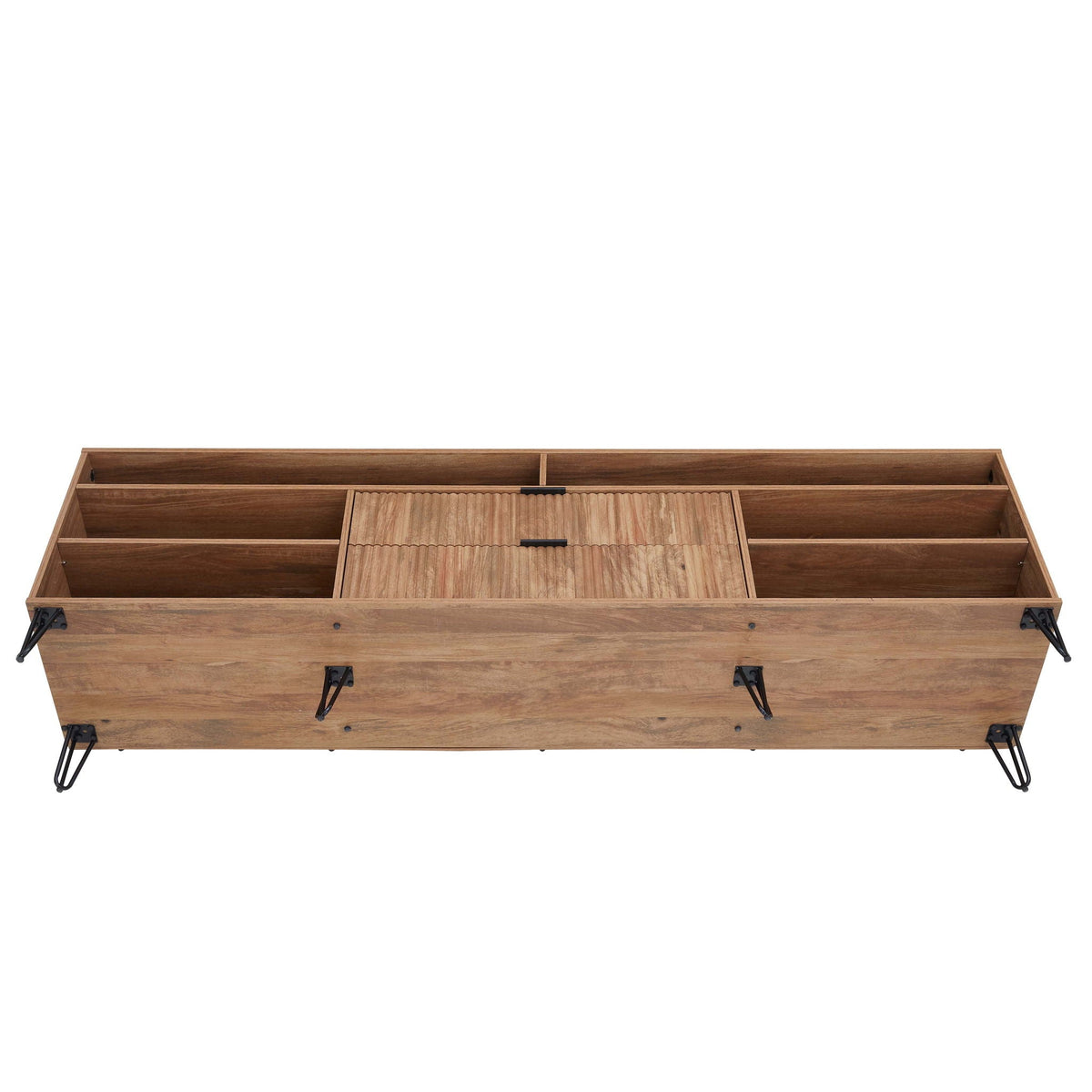 Fluted TV stand with storage, wood finish, and metal legs on Tampa Home & Garden Store
