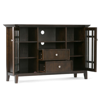 Handcrafted tall TV media stand in dark solid wood with glass doors by HouseOfZazla on Tampa Home & Garden Store