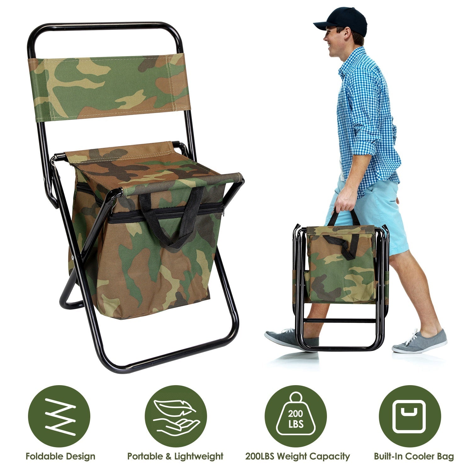 GemGear camo foldable fishing chair with backrest and built-in cooler bag, portable handle on Tampa Home & Garden Store
