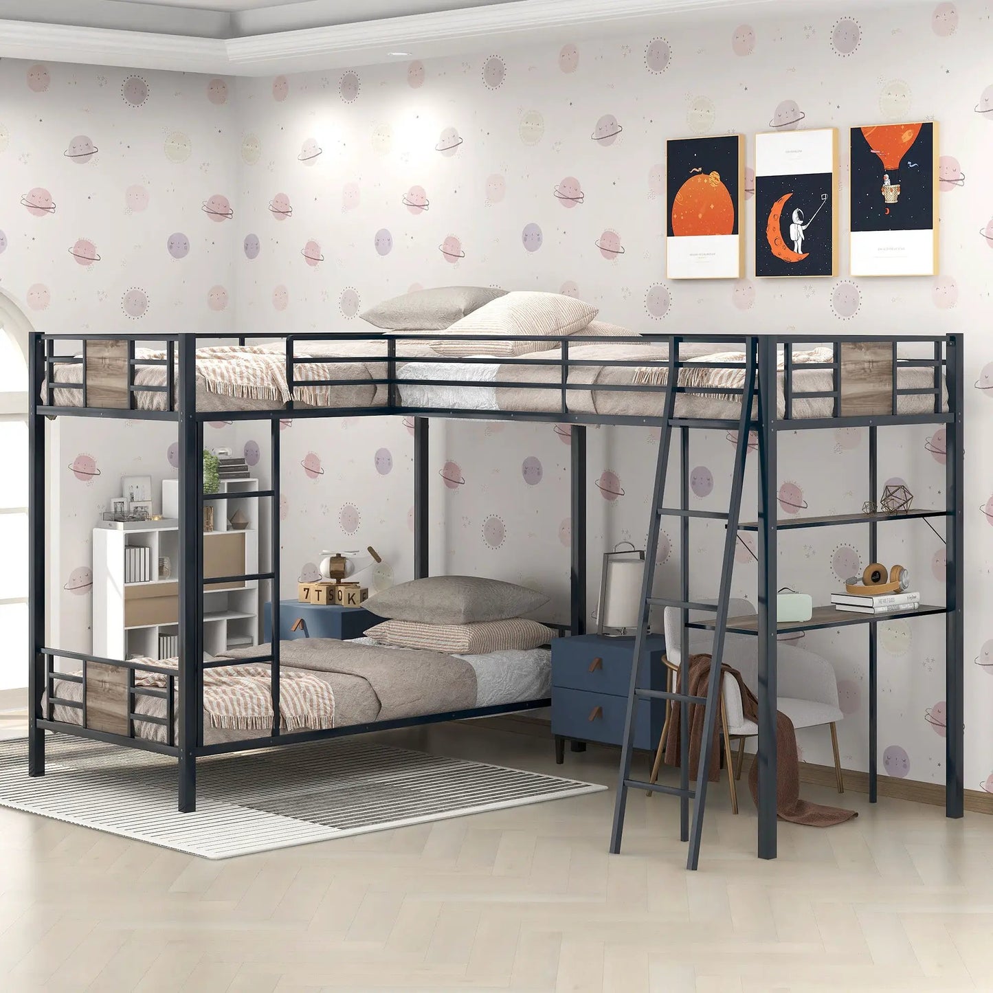 L-shaped bunk bed with two twin beds in a dark metal frame and built-in desk on Tampa Home & Garden Store